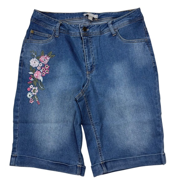 Woman Within Denim Bermuda Shorts Plus 12W Blue Floral Embroidered Cuffed NWOT - Picture 1 of 16